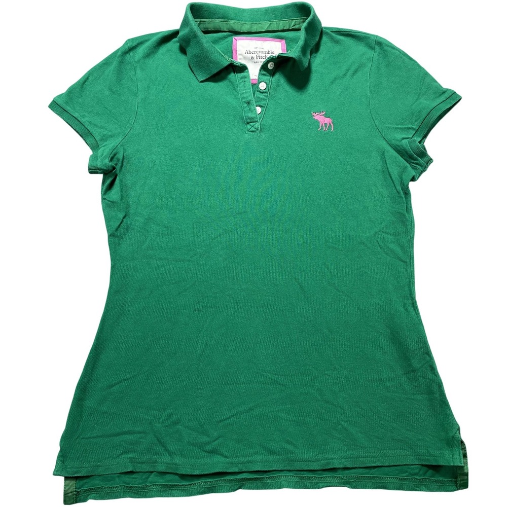 Abercrombie & Fitch Polo Shirt Womens Large Green Slim Fit Stretch Logo Tee Y2K